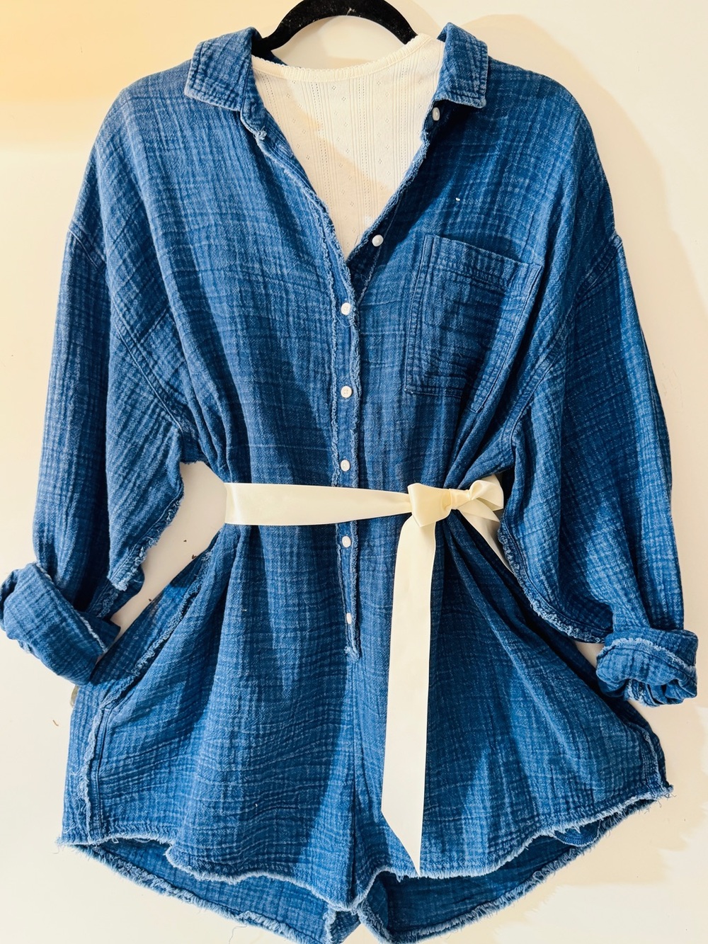 Blue Gauze Button-Front Romper & Cream Tie Belt with TShirt New!